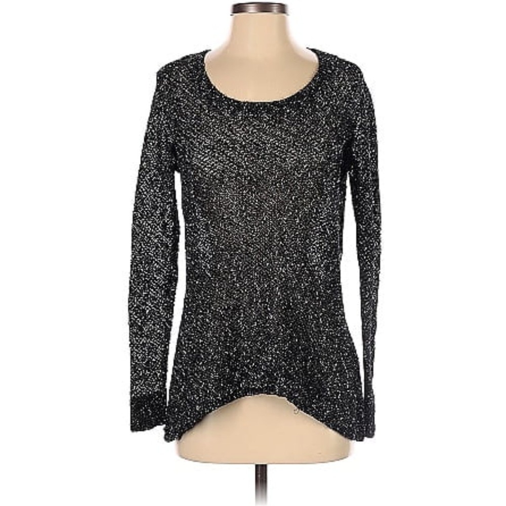Eileen Fisher Black Speckled Loose Knit Long Sleeve‎ Top Size L Linen Blend